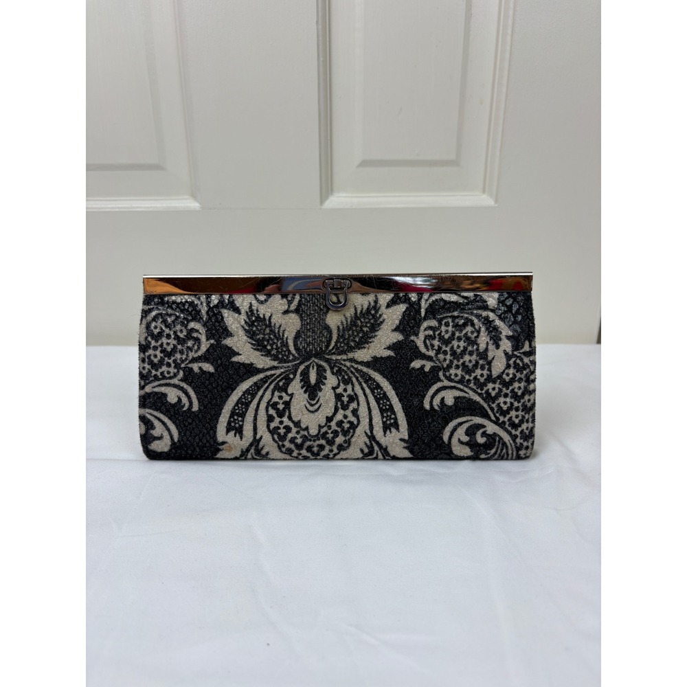Vintage Damask Tapestry Clutch Bag Black Cream Silver Frame Evening Wallet